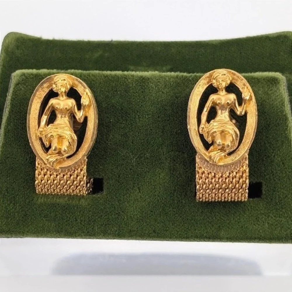 Vintage Gold Tone‎ Mesh Wrap Cufflinks Goddess Age of Aquarius Nymph